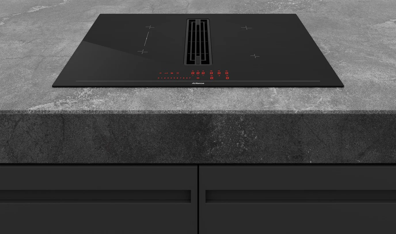 Airforce Innova Artis Plus 72cm Central Venting Induction Hob with On-board Motor, Matte Black Glass-Externally Ducted-5 Year Warranty.