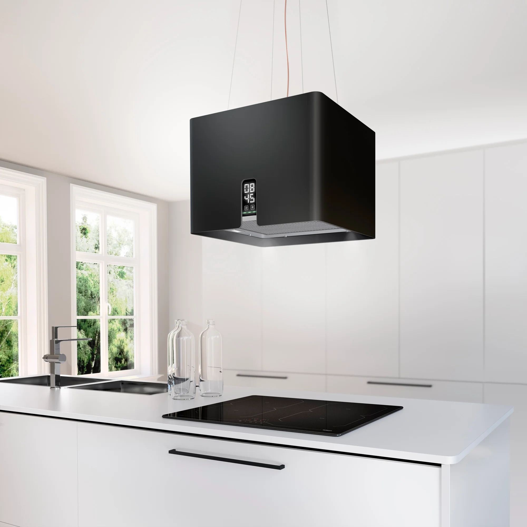 Airforce Square Young 45cm Island Cooker Hood with Touch Control & Digital Clock Display Black Satin Finish - Image 2