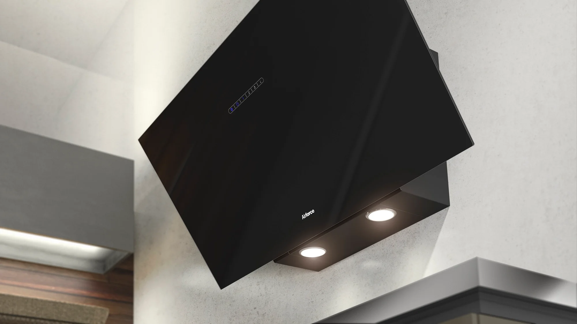 Airforce F203 90cm Automatic Angled Wall Mounted Cooker Hood with Touch Control- Black Glass - Image 3