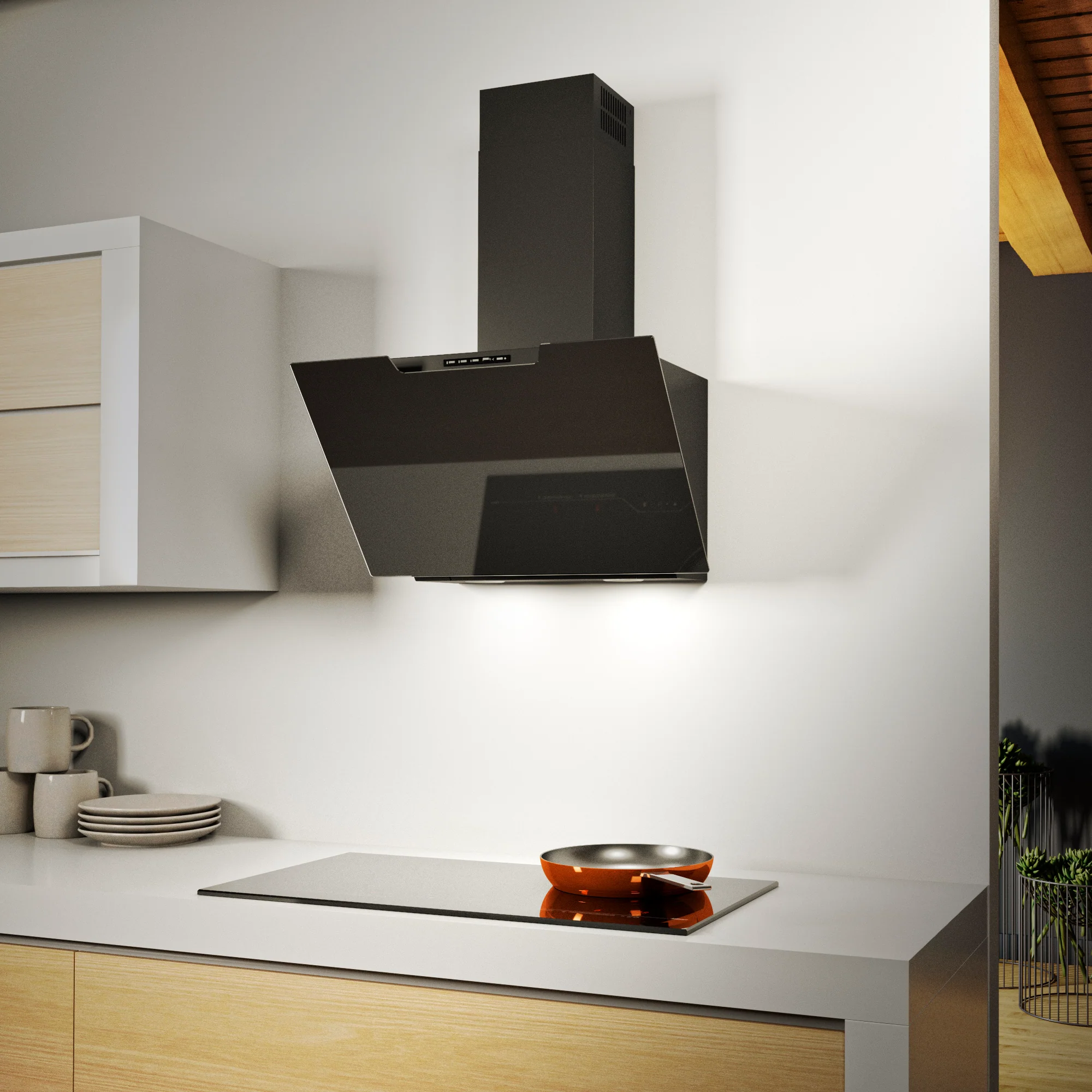 Airforce F212 60cm Angled Wall Mounted Cooker hood with Soft push button control-Black Glass Finish - Image 2