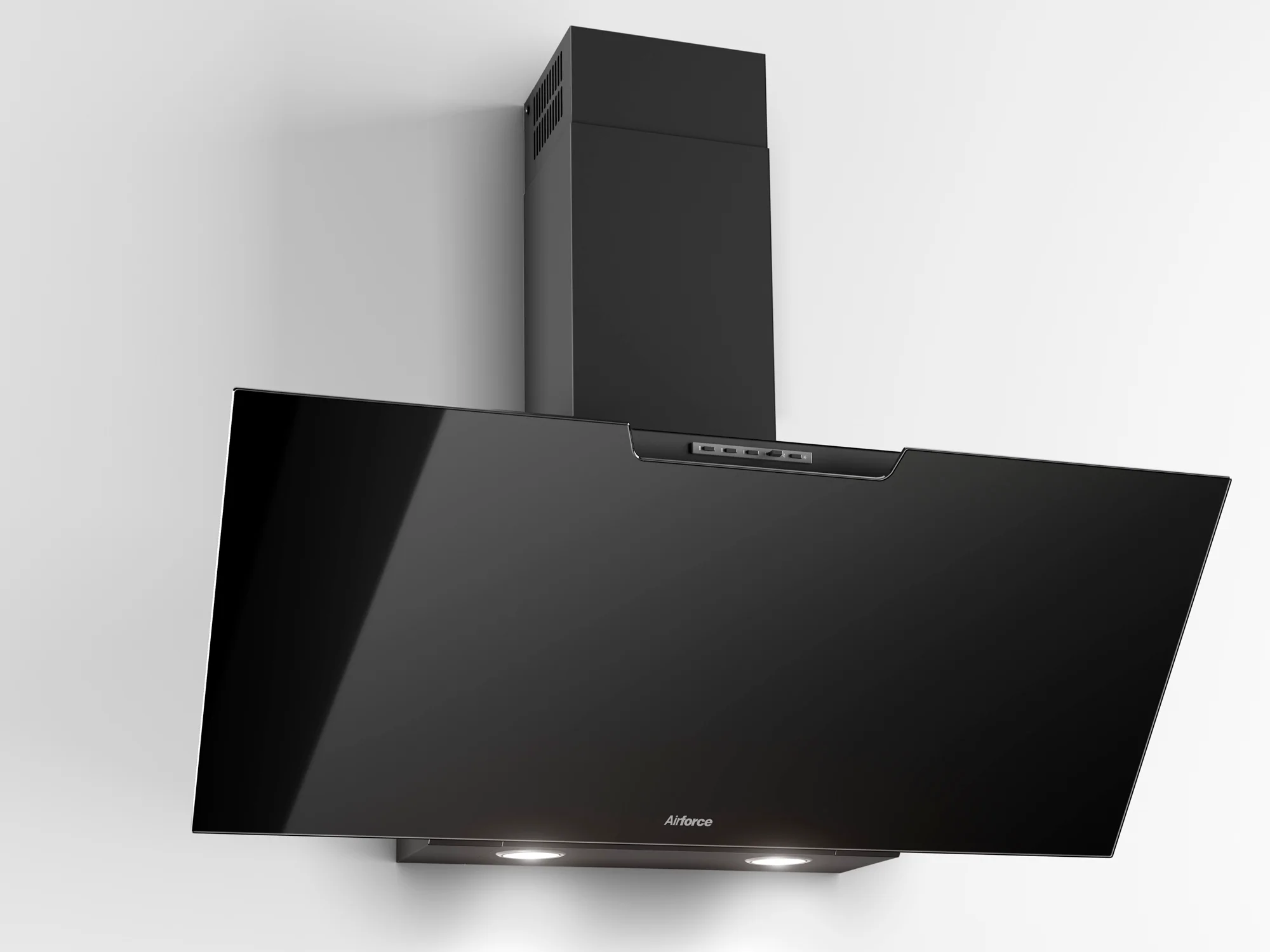 Airforce F212 90cm Angled Wall Mounted Cooker Hood with Soft Push Button Controls- Black Glass Finish