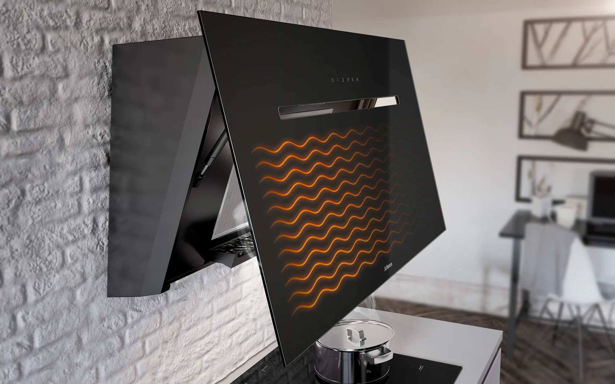 Airforce Foehn 60cm No-Drop System with Heated Glass Wall Mounted Cooker Hood Touch Control Black Glass Finish
