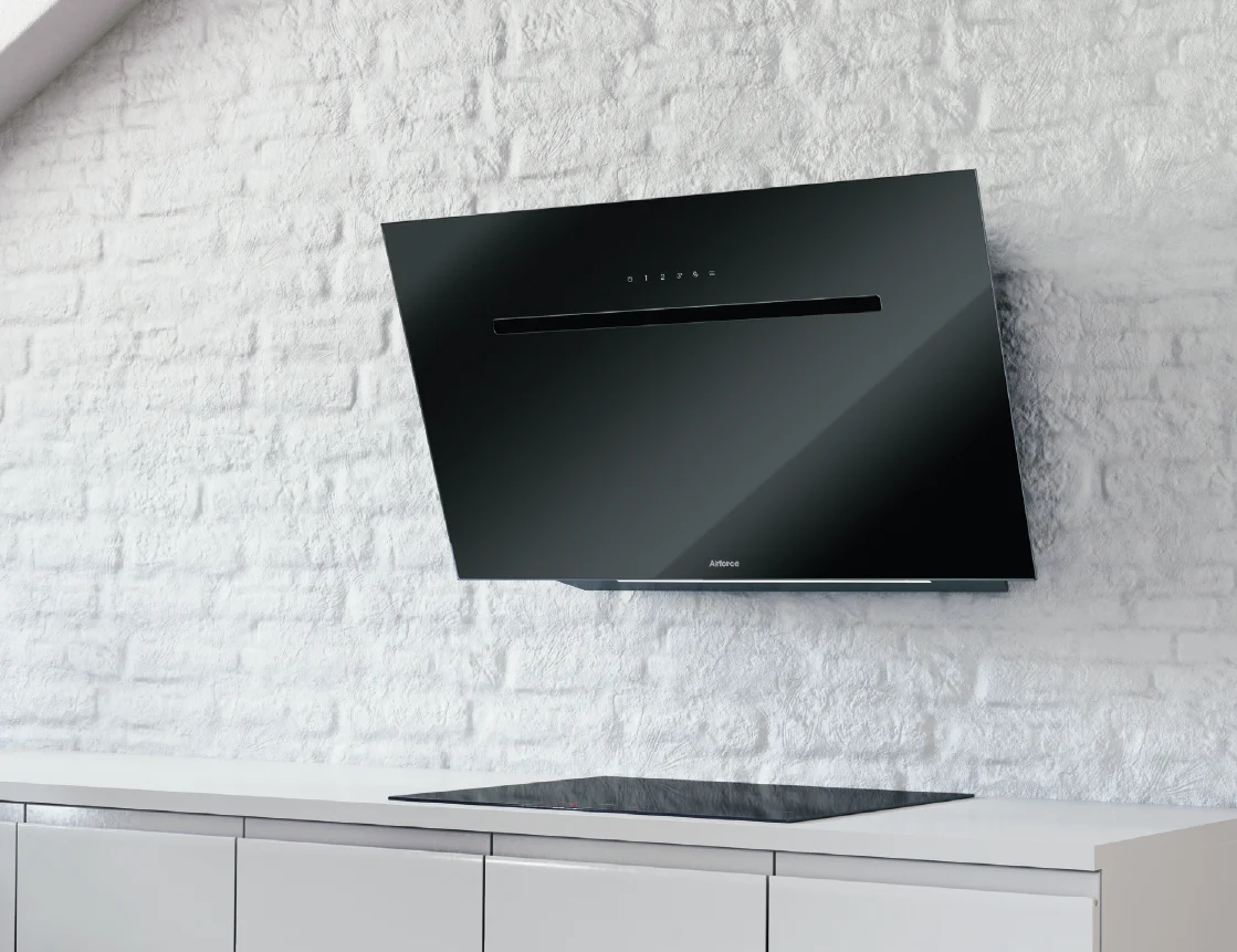Airforce Foehn 60cm No-Drop System with Heated Glass Wall Mounted Cooker Hood Touch Control Black Glass Finish - Image 3
