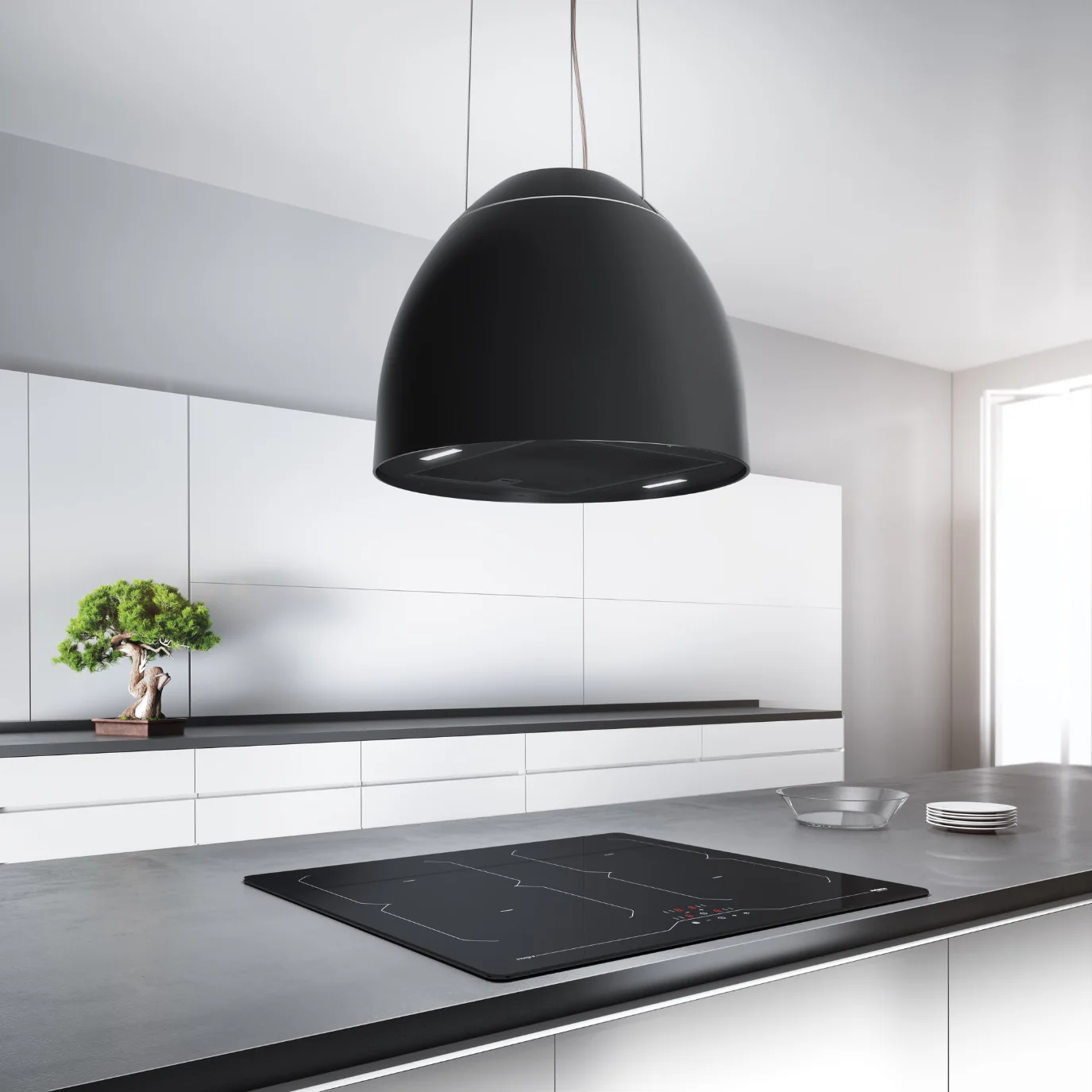 Airforce New Moon 45cm Island Cooker Hood in Complete Black Satin Finish with Slim LED Lights