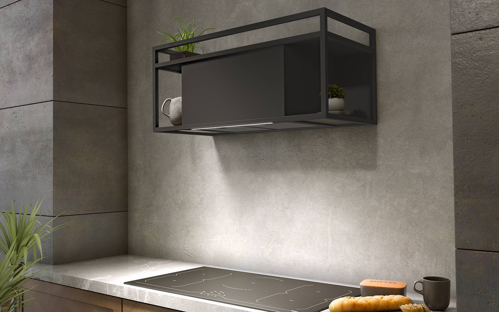 Airforce Q-BIC 90cm Wall Mounted Cooked Hood Anthracite Painted Steel Remote Control with Smoked Glass Shelves