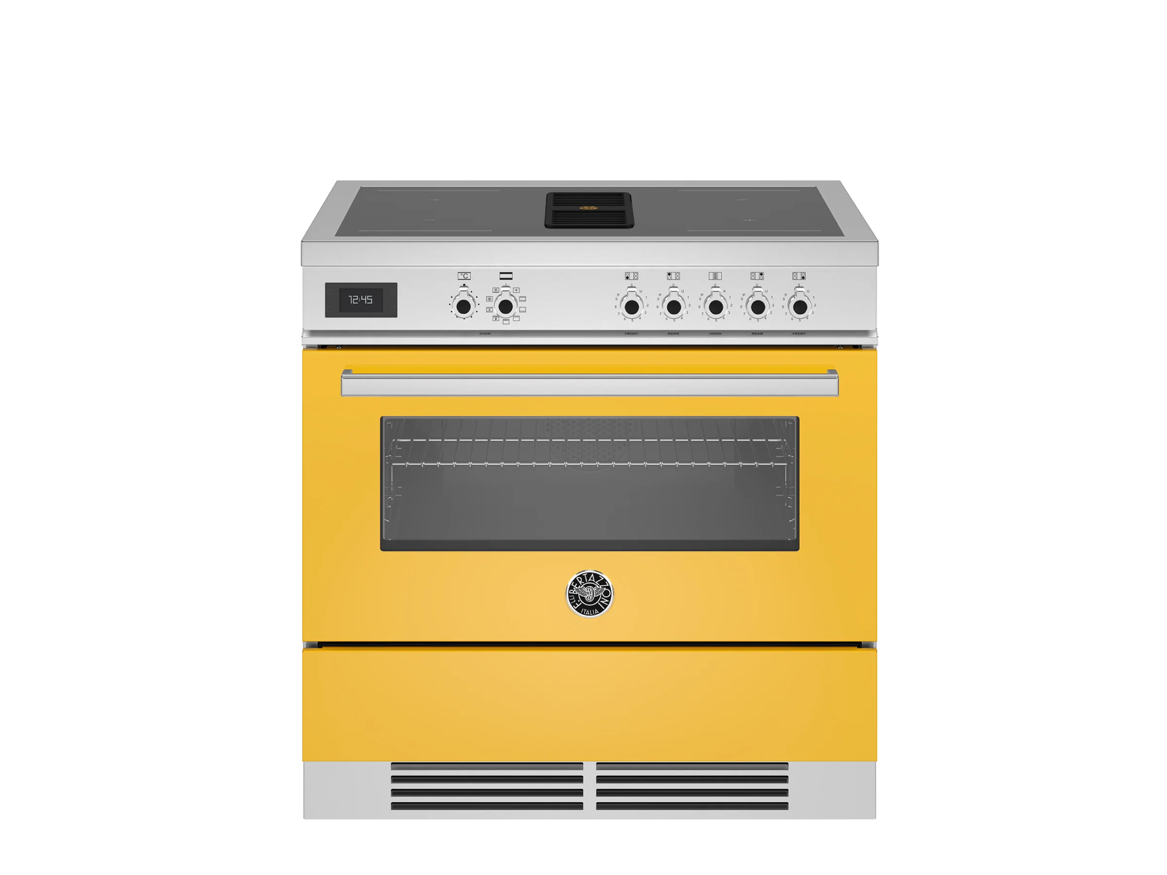 Bertazzoni 90 cm Air-Tec cooker with induction top and integrated hood, electronic oven Professional Series-Giallo (Yellow)